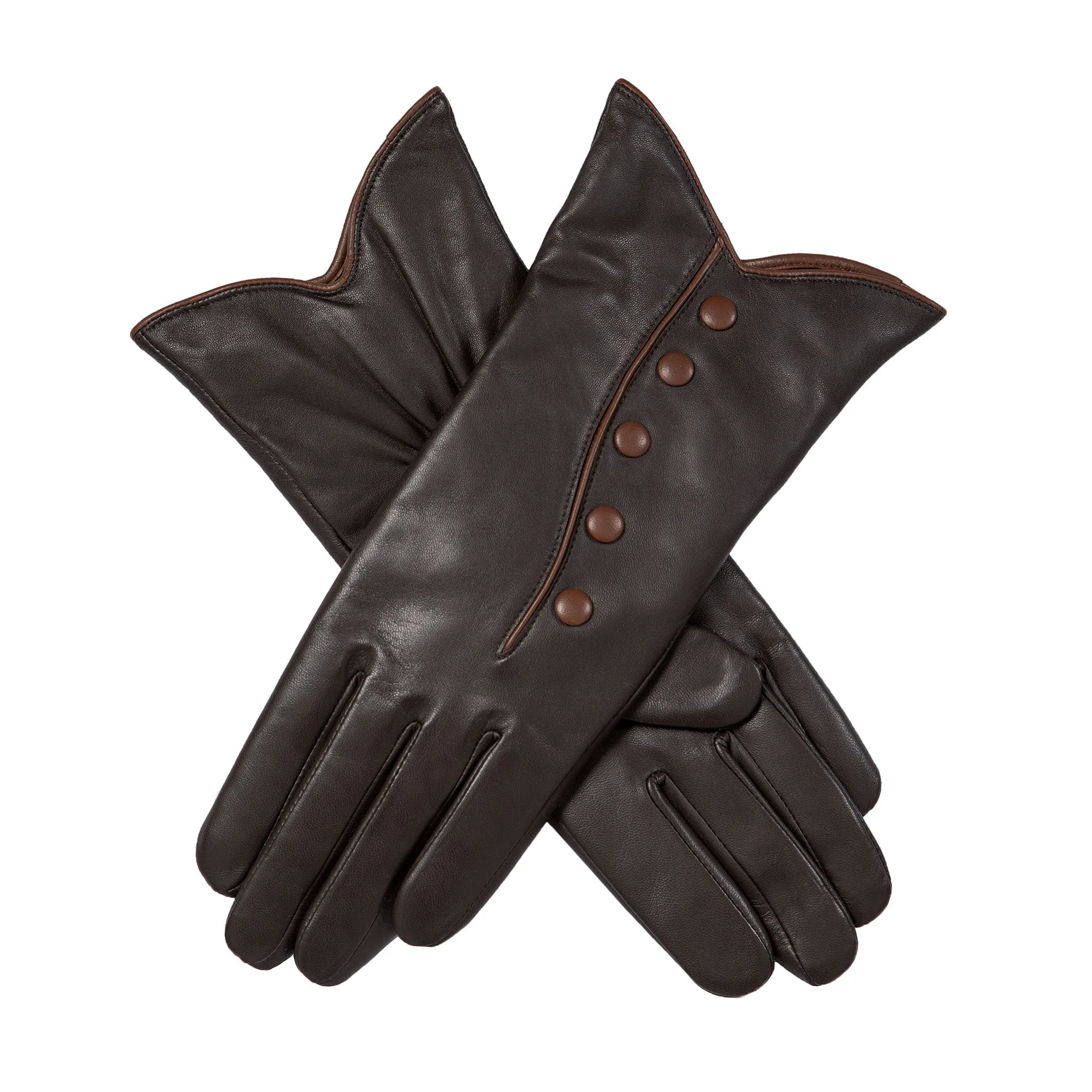 Women’s Wool-Lined Leather Gloves with Buttons and Piping